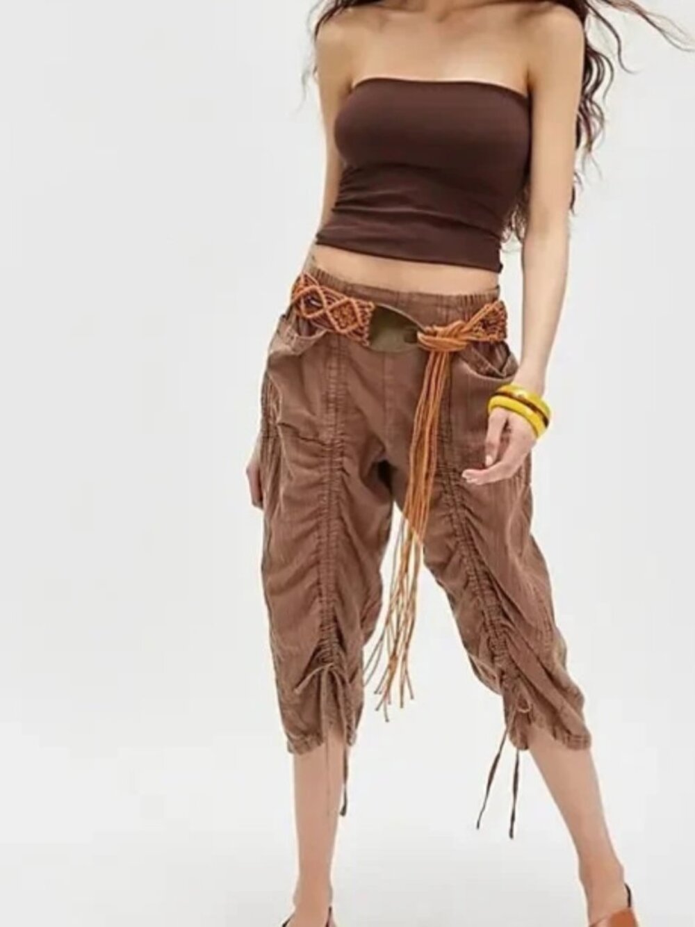 Free People Gianna Ruched Gaucho Pull-On Pants Browine Cropped S